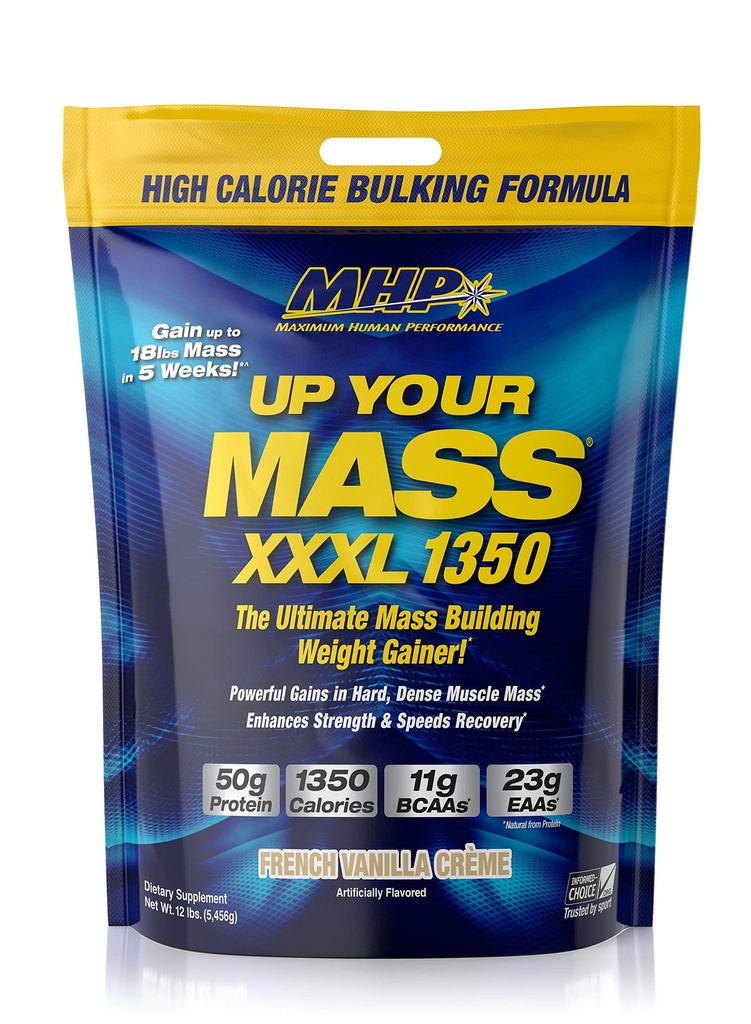 Maximum Human Performance MHP UYM XXXL 1350 Mass Building Height Gainer, Muscle Mass Gains, w/50g Proteine, High Calories, 11g BCAAs, Leucine, French Vanilla Creme, 16 Servings