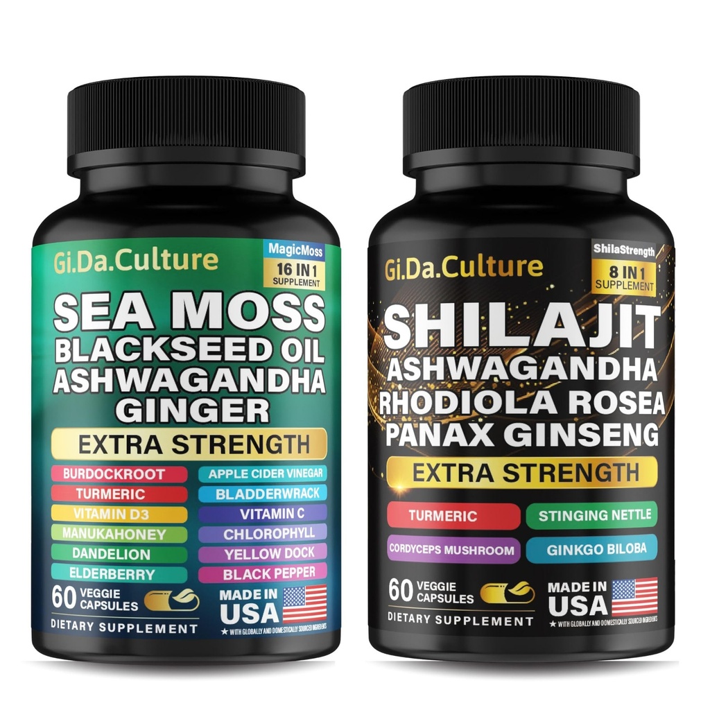 Shilajit și Sea Moss Combo - Sea Moss și Shilajit Bundle cu Ashwagandha, Black Seed, Turmeric, Bladderwrack, Burdock, Black Pepper cu vitamine și antioxidanți - 120 Capsule vegetale