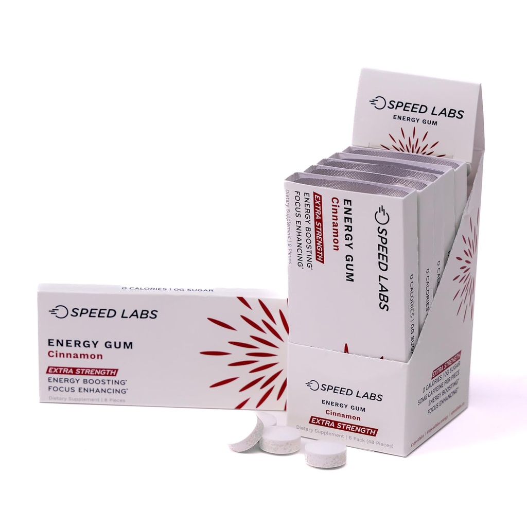 Speed Labs Cinnamon Extra Putere Cafeina Guma de mestecat 50mg Cafeina, Taurina, & B Vitamine Per Piece, 48 bucati (6 Pachete de 8 piese) Zahăr liber, Zero Calorie, Nu Aspartame, Gluten gratuit