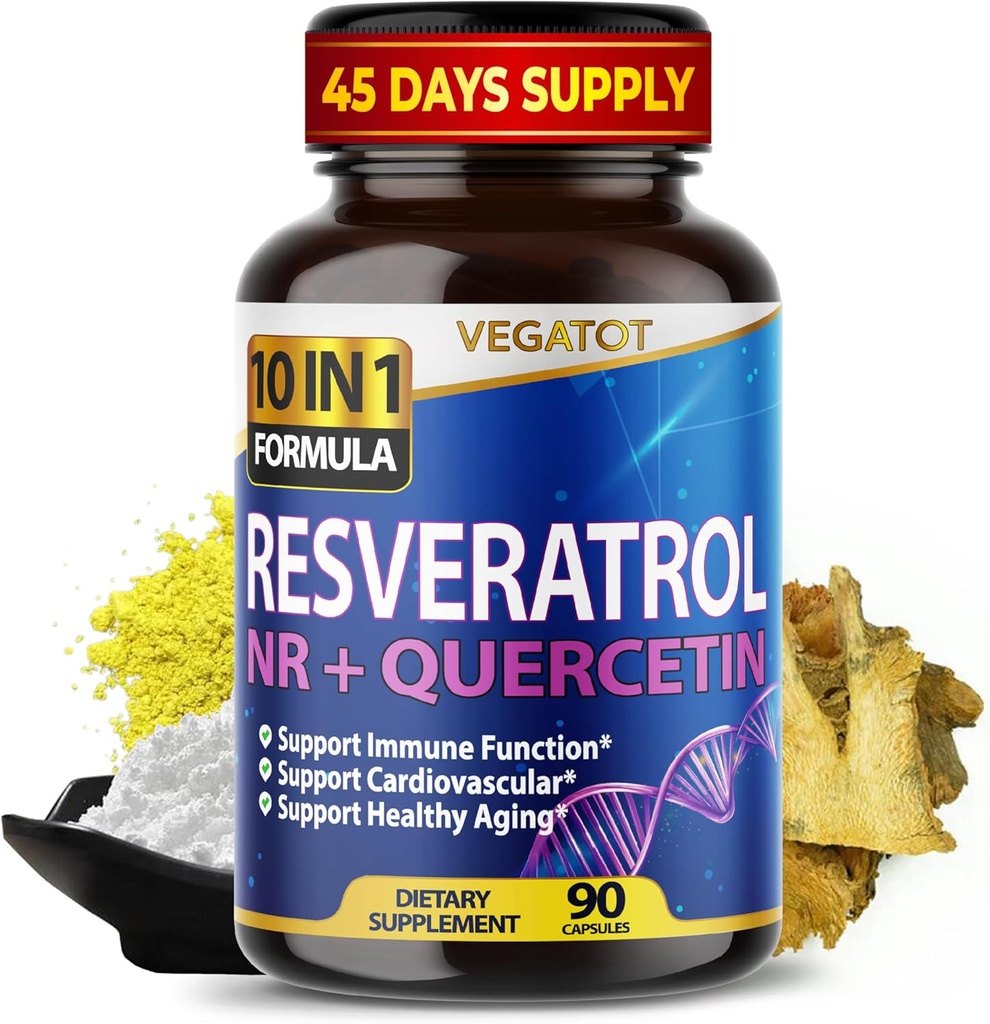VEGATOT 10 în 1 Resveratrol de înaltă rezistență cu Quercetin sănătos îmbătrânire Imun Brain Boost comun suport (90 Conte (Pachet de 1))