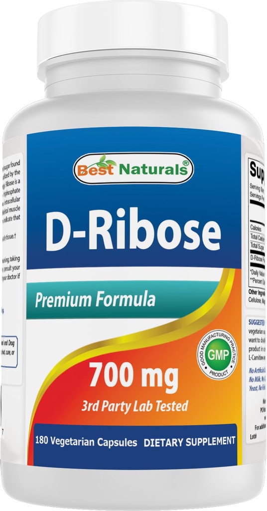 D-Ribose 700mg 180 Vcaps - Natural ATP Energy Production - Producted in a USA based GMP Certified Facility and Third Party Tested for Puritate. Garantat!