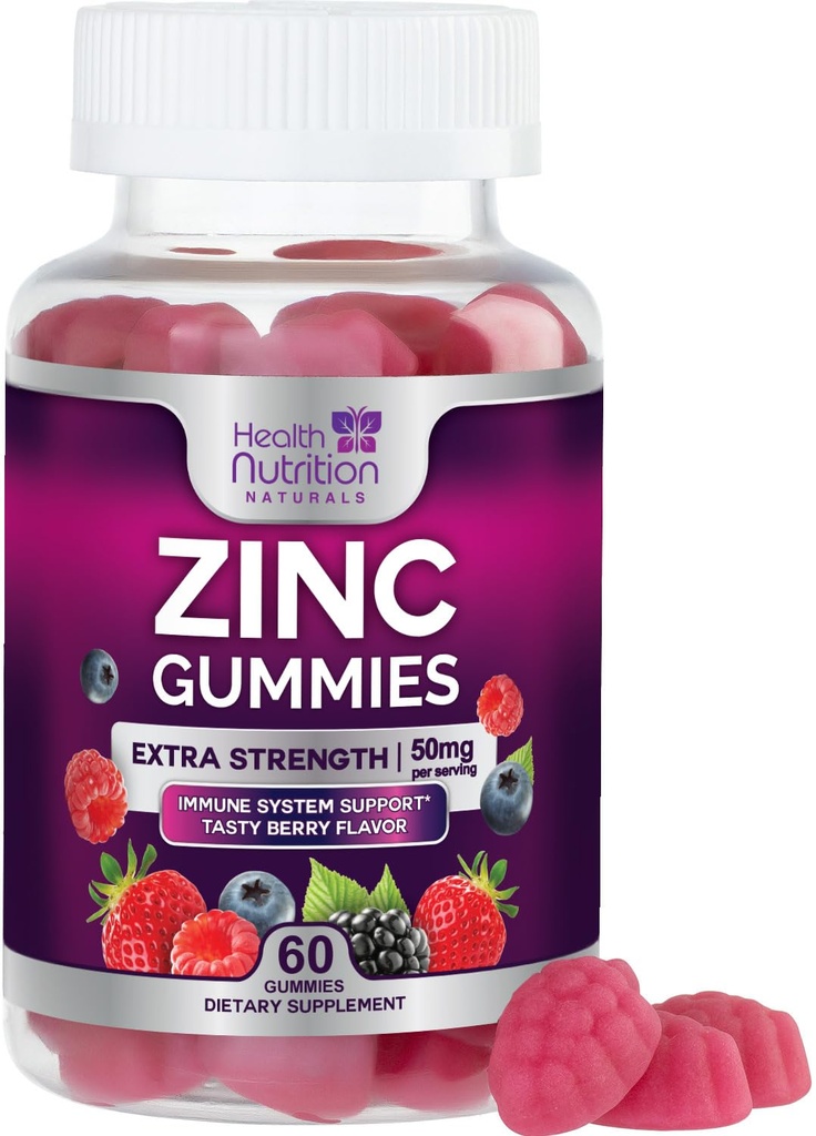Suplimente de zinc 50mg Gummies - Max Putere Sanatate si Suport Imun Gummy, Vegan, Non-GMO & Gluten gratuit - Cel mai bun supliment de zinc antioxidant & Bone Health Chembable Tasty Berry Flavoare - 60 Gummies