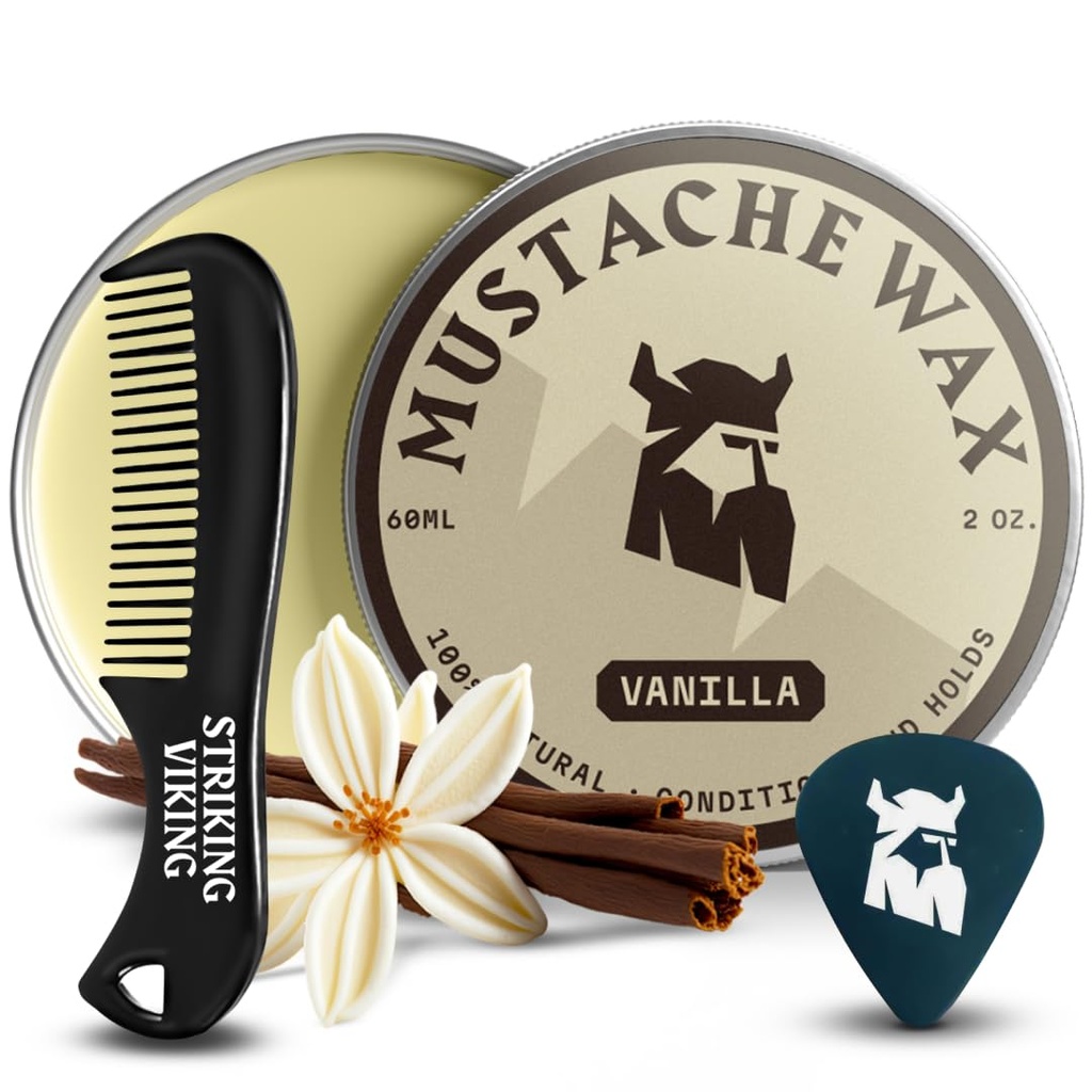 Set mustață vikingă - 2 oz, Vanilie - Kit de înfrumusețare mustață completă pentru bărbați - Styling puternic-Hold Styling & Wax Strong Hold - Precizie de buzunar-Sized & Stiling Comb