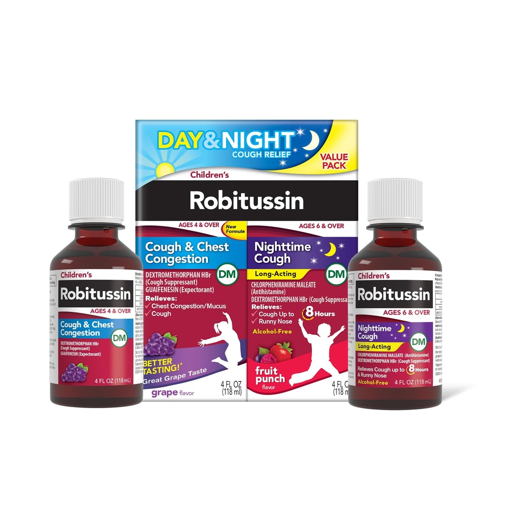 Copii Robitussin DM zi și noapte Tuse pachet valoare de ajutorare, Medicina tuse, Aroma de struguri/Frut Punch - 4 Fl Oz x 2