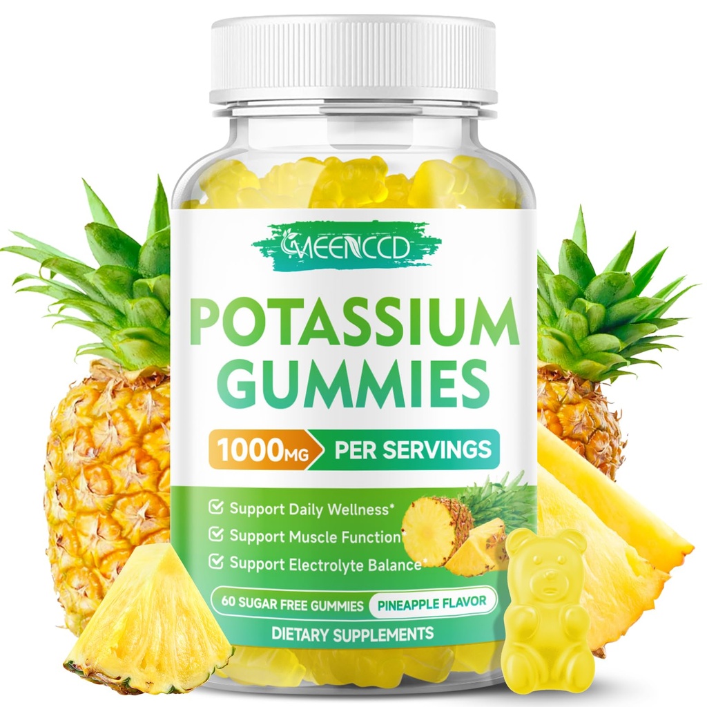 Potasiu Citrate Gumries 1000mg, potenta mare de potasiu Supliment Gummies pentru adulți Femei & Bărbați, Suport Leg Crampe & Musculare Sănătate, Zahăr-Free, Ananas Aroma, 60 Conte