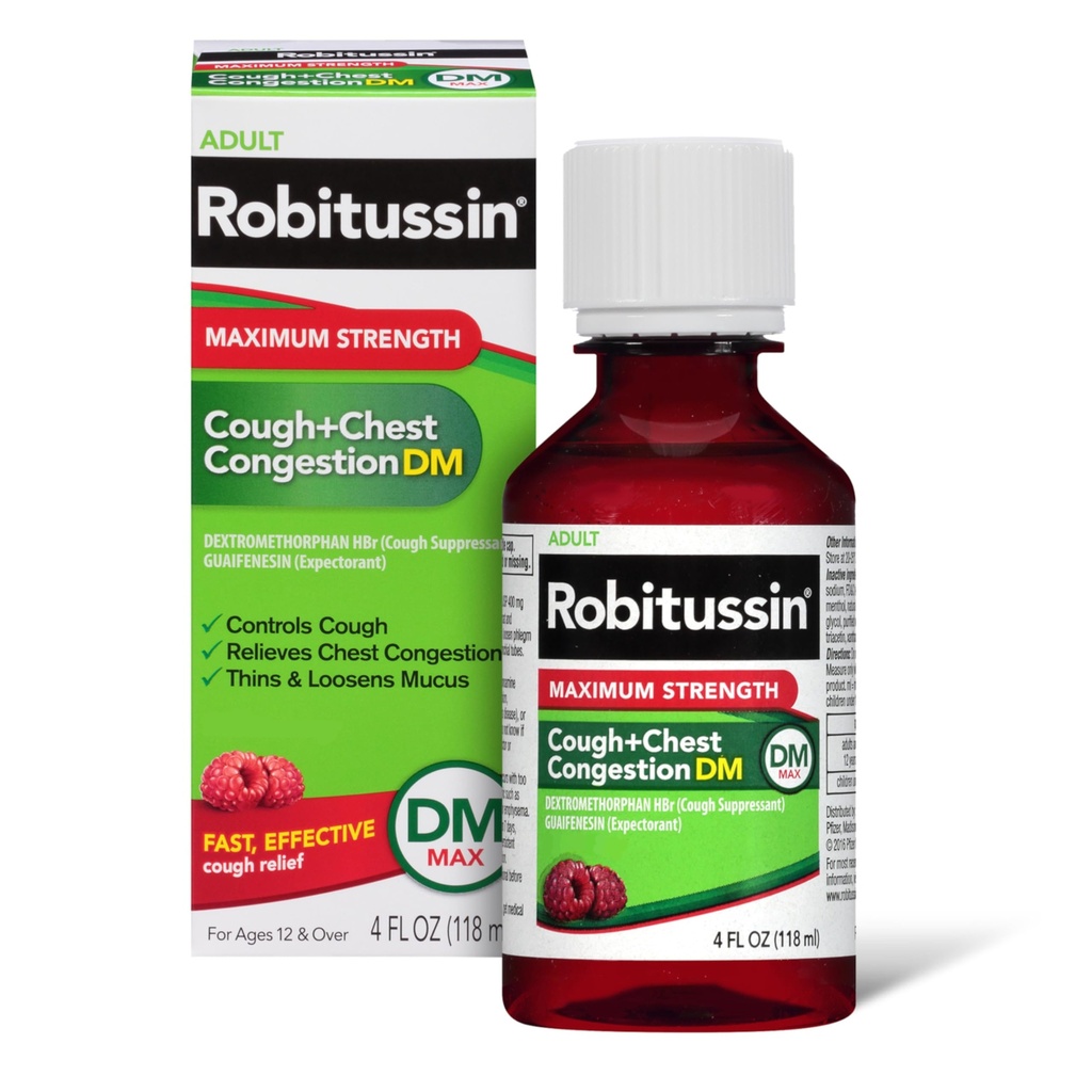 Robitussin Adult Putere maximă Tuse + Congestie toracică DM Max (4 fl. oz. Sticla), Tuse Suppressant & Expectorant, Aroma de zmeură