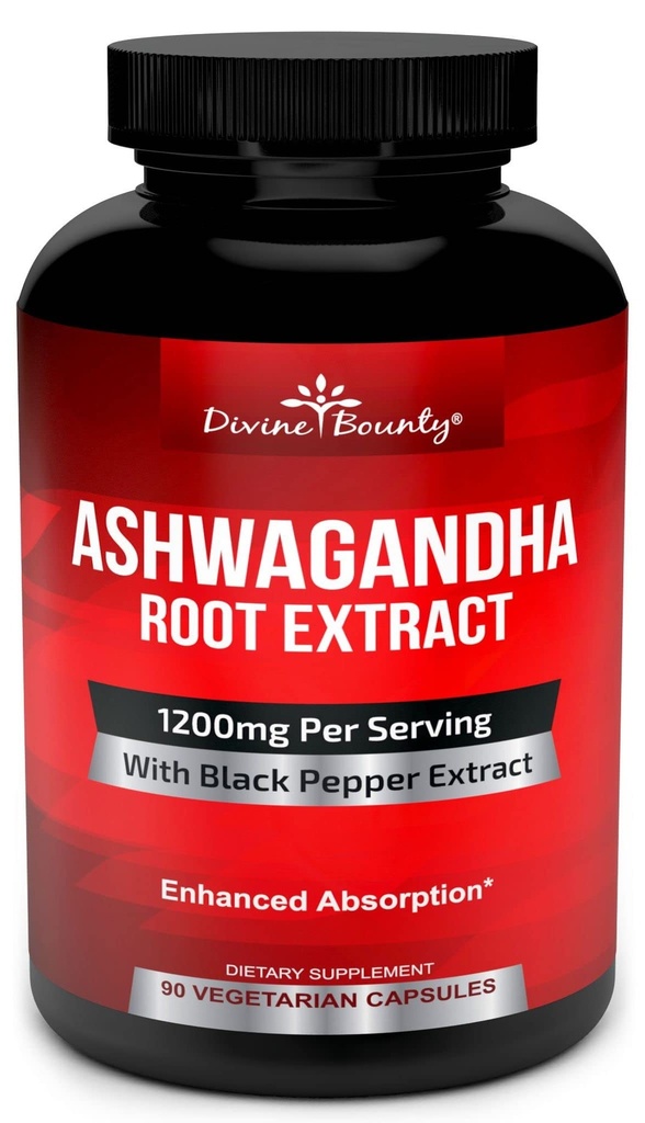 Divine Bounty Capsule organice Ashwagandha - 1200 mg Ashwagandha pulbere cu Pepper negru pentru absorbție îmbunătățită - Ashwaganda Supliment pentru calm și de sustinere a dispoziției - 90 Capsule vegetale