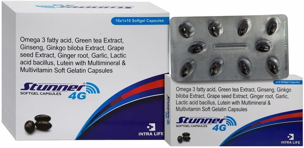 STUNNER-4G SOFTGEL CAPS INSENG Extract pulbere 42.5mg + grâu Germ ulei 25mg + Citrus Bioflavonoids 20mg + extract de semințe de struguri 15mg + Carotenoide naturale mixte (10% dispersie)11.33mg + extract de ceai verde