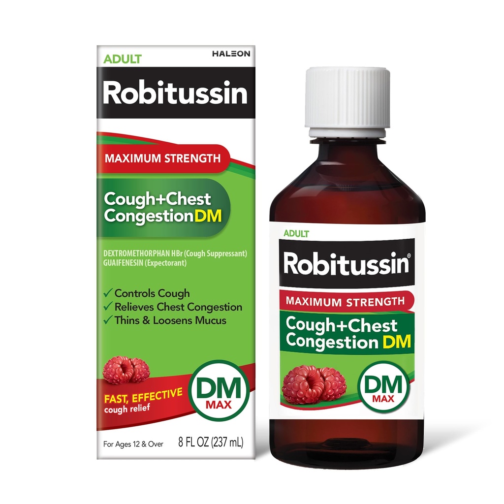 Robitussin Adult Putere maximă Tuse + Congestia toracică DM Max (8 fl. oz. flacon), Tuse Suppressant & Expectorant, Raspberry Flavor