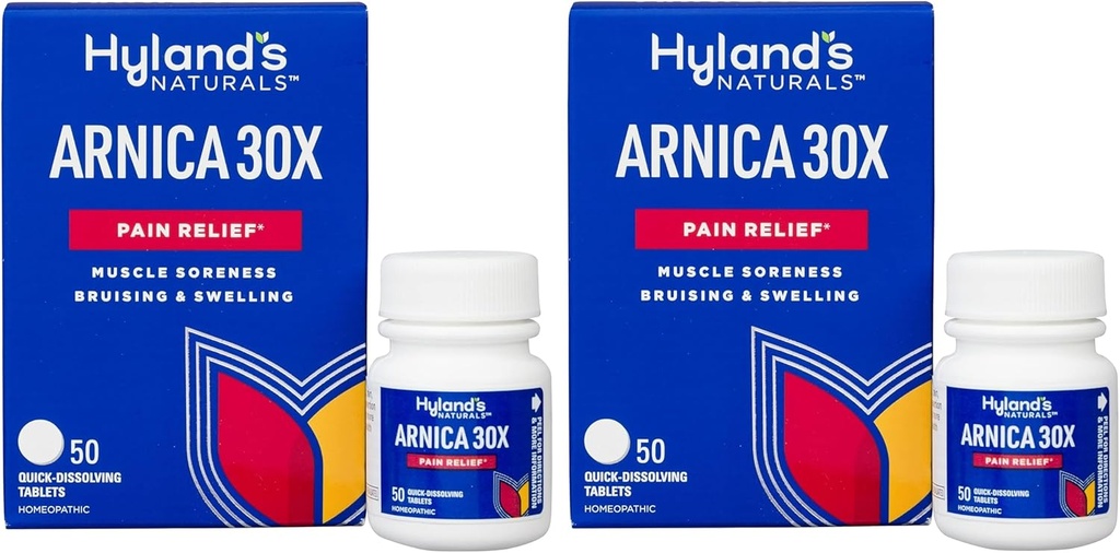Naturals Arnica Montana 30x Tablets, Relief Natural de vânătăi, Umflare și dureri musculare, comprimate de dislocare rapidă, 50 Conte (Pachet de 2)