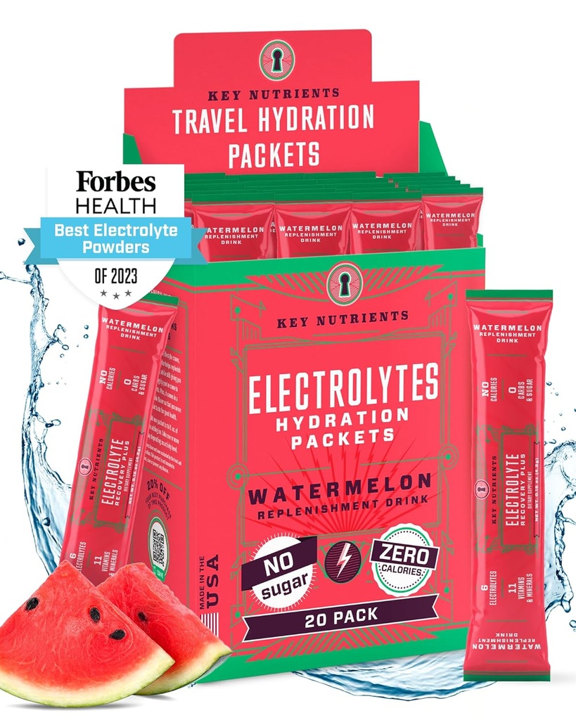 Nutrients Electroliţi Pachete cu pulbere - Pachete de hidratare pepene verde 20 - Pulbere de hidratare de călătorie - Fără zahăr, fără calorii, gluten gratuit - Made in USA