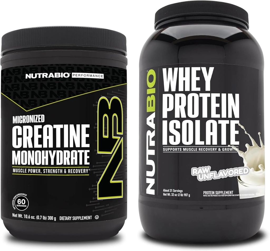 NutraBio Creatina Monohidrat, Nearomate, 300g și Whey Proteine Izolate, Nearomate, Supliment Bundle - Energie musculară, Creștere musculară Lean, Recuperare și Putere