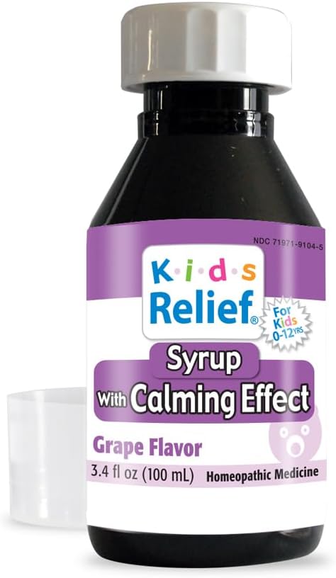 Kids Relief Syrup cu efect calmant, pentru copii 0-12 Yrs, Aroma de struguri, Gluten și Die gratuit, fără adaos de zahăr, 3.4 oz