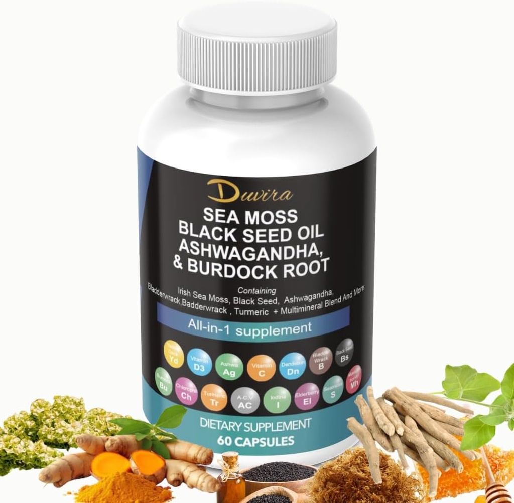 Sea Moss 3000mg Black Seed Oil 2000mg Ashwagandha 1000mg Turmeric 1000mg Bladderwrack 1000mg Burdock 1000mg & Vitamina C & D3 cu Elderberry Manuka Yellow Dock Iod Clorofill ACV