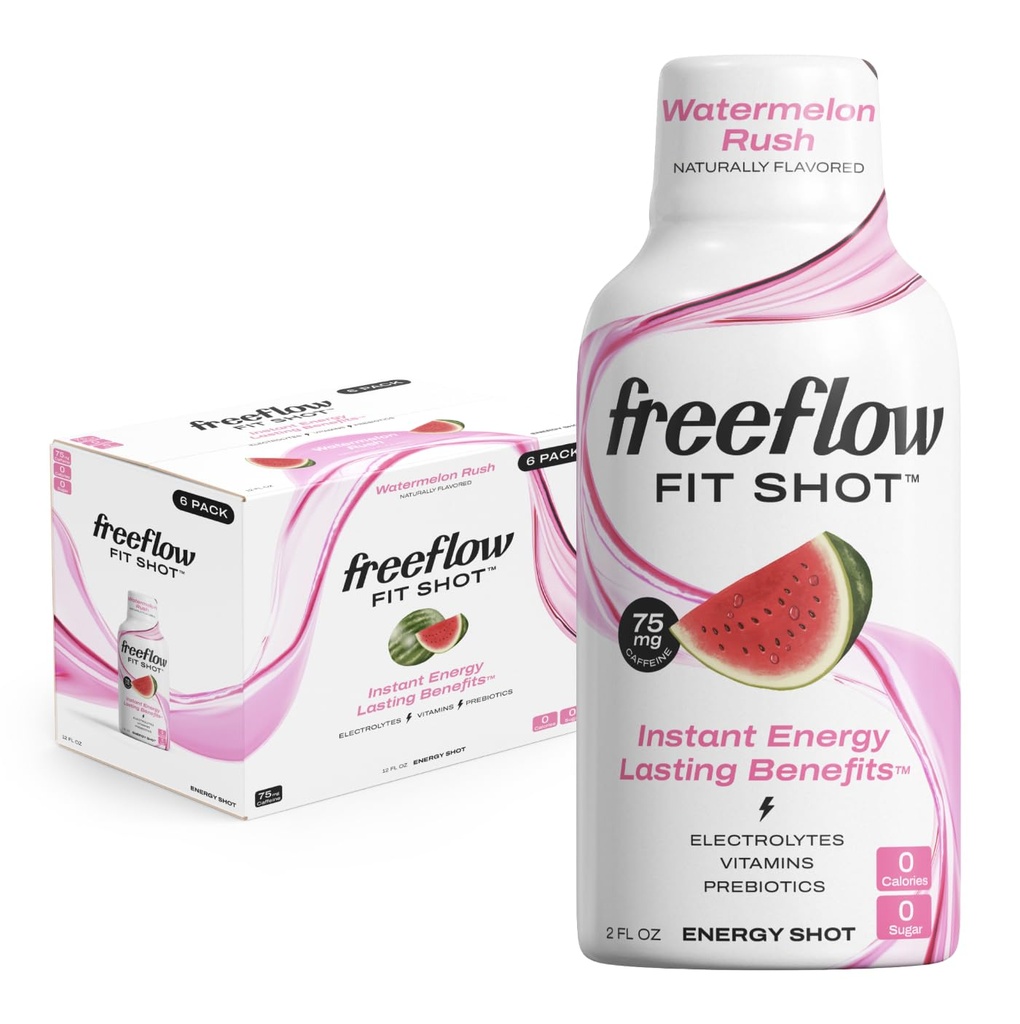 Freeflow Fit Energy Shots, Pepene verde Rush, Natural Cafeina Boost cu L-teanină, Ginseng, Vitamine, Prebiotice, Electroliți (6 Conte, 2oz Shots)