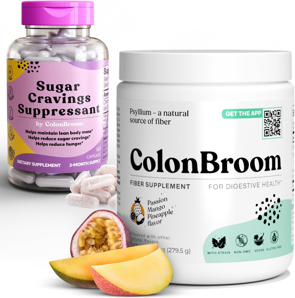 ColonBroom Psyllium Husk Powder Sugar Craving Suppressant - Crom Picolinat 200mcg, 2 elemente - Colon Cleanser Fiber Supliment (50 de serviri) + Sugar Craving Suppressant (60 Servings)