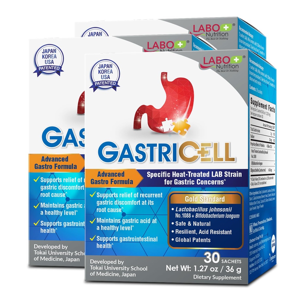 Labo Nutrition GASTRICELL - Reflux acid, arsuri la stomac, Disconfort gastric recurent, Apărare naturală împotriva ambuteiajelor gastrice 30 plicuri x3