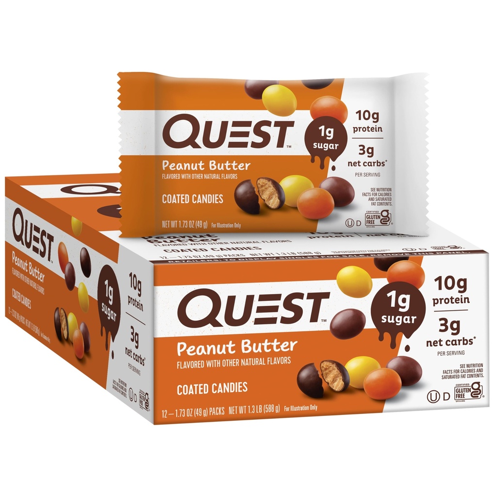 Quest Nutritie bomboane acoperite, Unt de arahide, 1g zahăr, 10g proteine, 4g carbohidrati net, Gluten gratuit, Keto prietenos, 12 conte