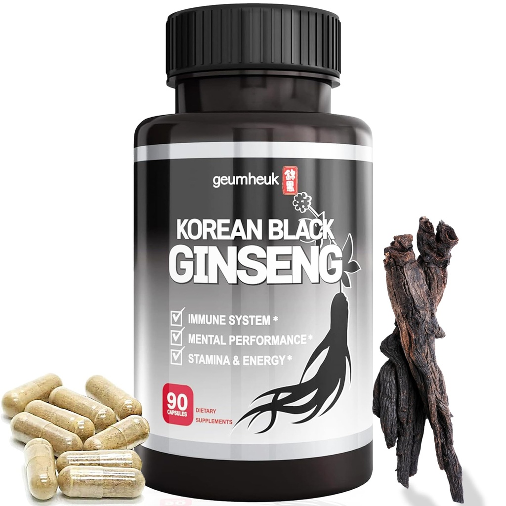 GeumHeuk capsule negru Panax Ginseng 1000mg - 90 capsule Vegane Non OMG-uri, ginsenozide mari, rata mare de absorbtie, Îmbunătăți imunitatea, Performanță mentală, Rezistență & energie, Bărbați și femei