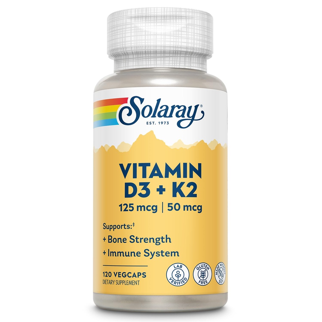 SOLARAY Vitamina D3 K2 - Bone Health and Immune Supplement - with 5000 UI Vitamina D as Vit D3 and 50 mcg Vitamina K2 as Menochinonă MK7, Made without Soy, 60-Day guarantee, 120 Serv, 120 VegCaps