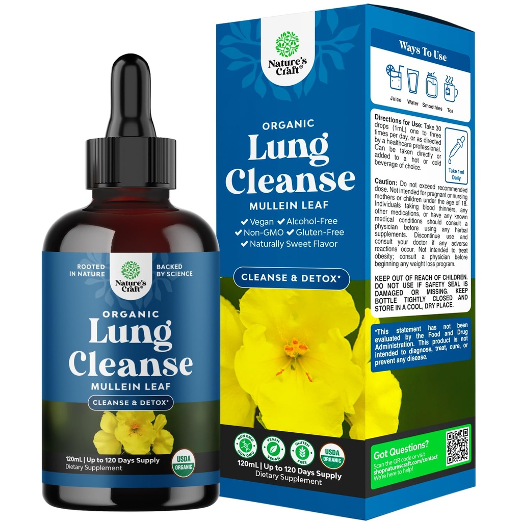 USDA Organic Mullein picături pentru plămâni - Herbal Lung Detoxifiere & Curățenie cu marshmallow Root extract & Plantain Leaf pentru sănătatea pulmonară respiratorie - Mullein Leaf Tinctură picături pentru suport respirație - 120ml