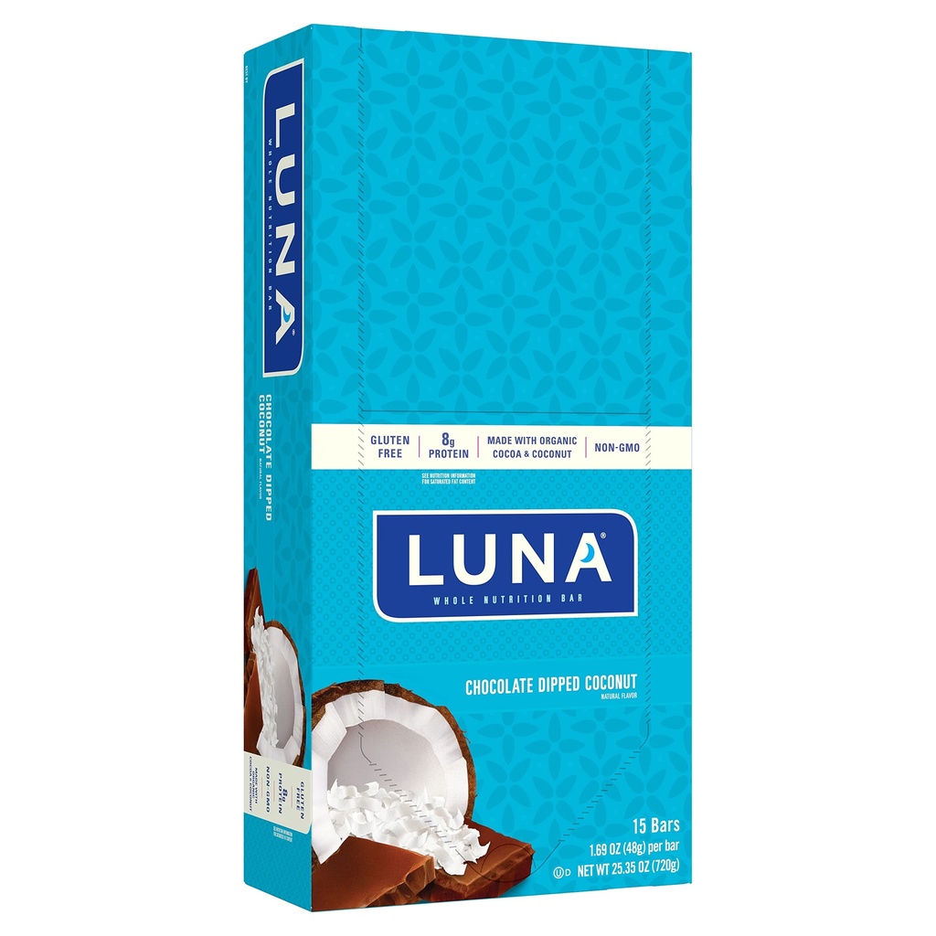LUNA BAR - Gluten Free Snack Bars - Ciocolata Cufundat aroma de nuca de cocos -8g de proteine - non-GMO - Plant-Base-Snacking Wholesome - Pe Go Snacks (1,69 Ounce Snack Bars, 15 Count)