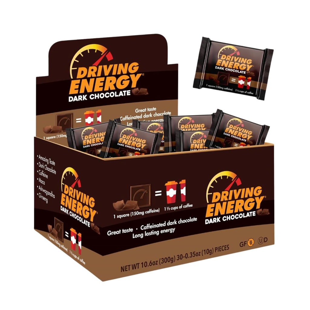 Energetica de conducere - Dimensiune cofeina Muşcătura - Ciocolata de combustibil închis cu 150mg Cafeina - Lung-Lasting pentru sala de sport, Antrenament, Adulţi - bun gust - Carb scăzut - Sanatos Snack - 30 Conte