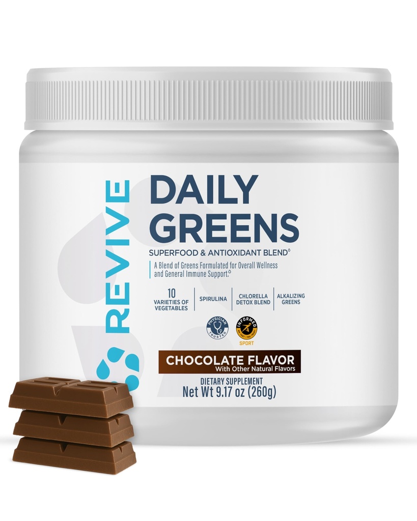 Revive MD Daily Green Powder Superfood (Chocolate) - Supergreens Powder pentru a sprijini nivelurile de energie - zeama verde care imbunatateste preluarea de fibre - Suporturi vegetale Digestia si sanatatea curaj