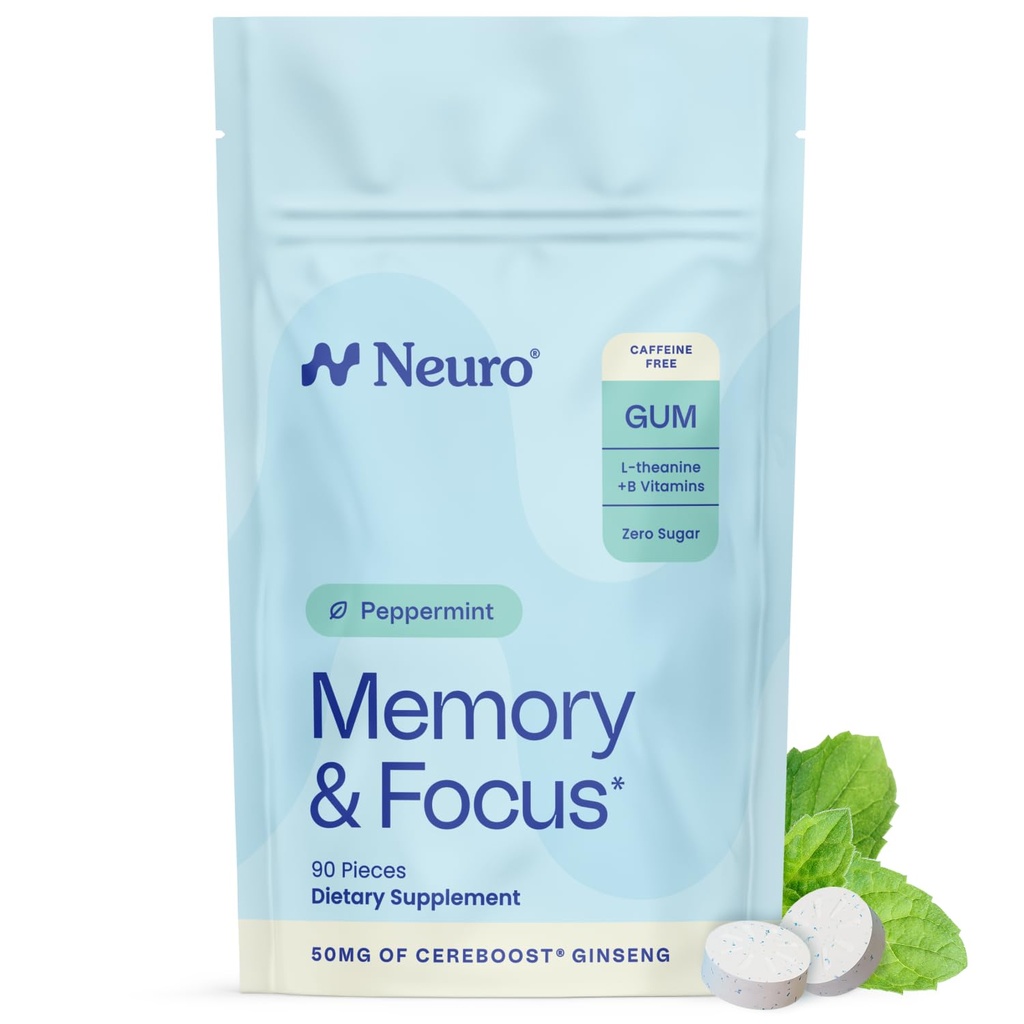 Neuro Memory & Focus Gum - Nootrop Gum with Vitamin B12, Vitamina B6, L-Theanină & Ginseng extract - Natural Brain Supplement Supplement - Vegan, Cafeina & Sugar Free Chews - Peppermint, 90 ct