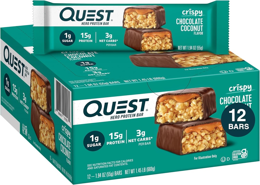 Quest Nutritie Ciocolata Crispy Nuca de cocos Hero Proteina Bar, 15g Proteina, 1g Zahăr, 3g Net carbohidrati, Gluten Proteine Gratuite Snack, Keto Friendly, 12 Conte