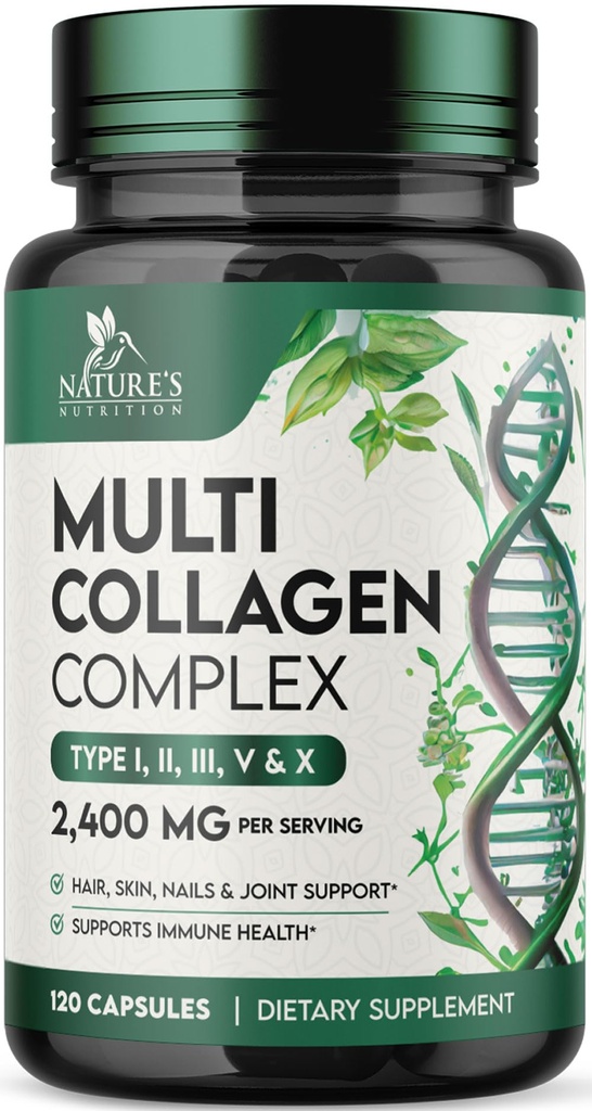 Multi Colagen Supliment 2400 mg - Hidrolized Tipuri I, II, III, V & X Multi Colagen Pilule Complex, Colagen Peptides Suplimente, Păr, Piele, Nail, & Suplimentul de suport comun, Non-GMO - 120 Capsule