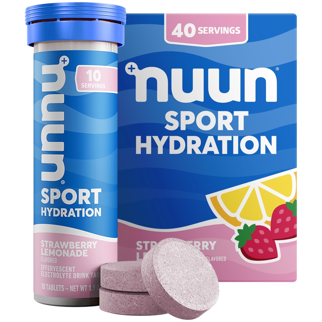Nuun Sport Electrolit Tablete cu magneziu, calciu, potasiu, clorură & sodiu, gluten Free & Vegan, căpșuni Lemonade, 4 Pack (40 Serviri Total)