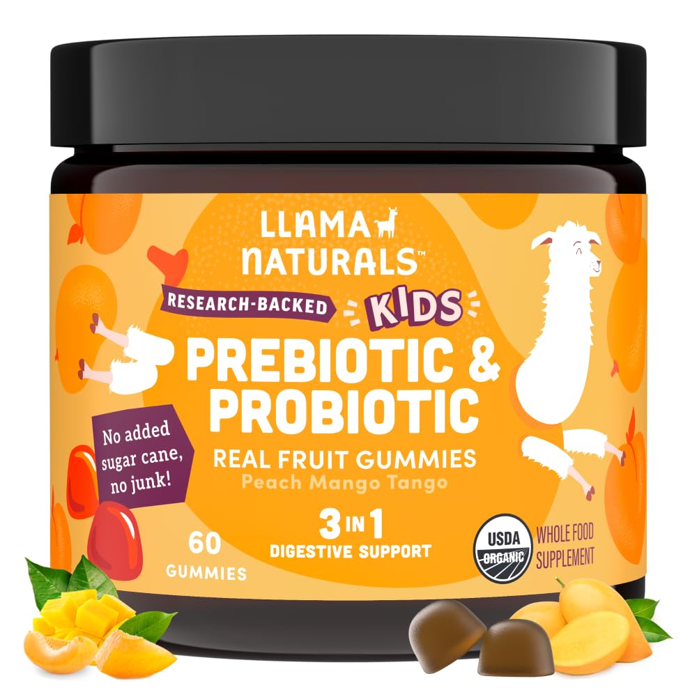 Llama Naturals Kids Probiotic cu Prebiotic Fiber, Vegan, Organic Prebiotics și Probiotice Gumies pentru suport de sănătate Gut, Toddler Gummy fructe reale vitamine, Nu Adăugat trestie de zahăr, Peach Mango, 60 Ct