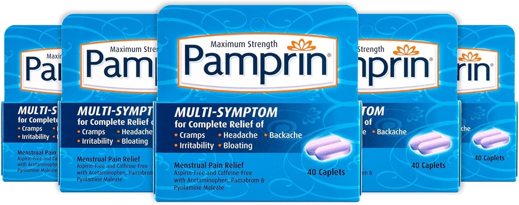Pamprin Multi-Symptom Formula, cu Acetaminofen, Menstrual period Simptome de ajutor, inclusiv cramps, durere, iritabilitate și balonare, 40 Caplete (Pachet de 5)