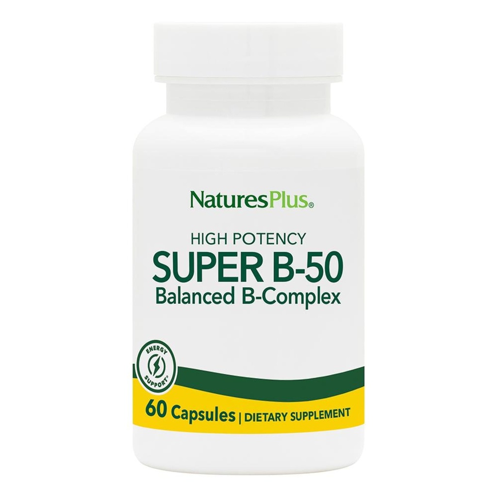 NaturesPlus Super B50-60 Capsule vegetariene - Supliment de vitamina B de mare potenta - Booster creier si energie - Gluten-free - 60 Serviri