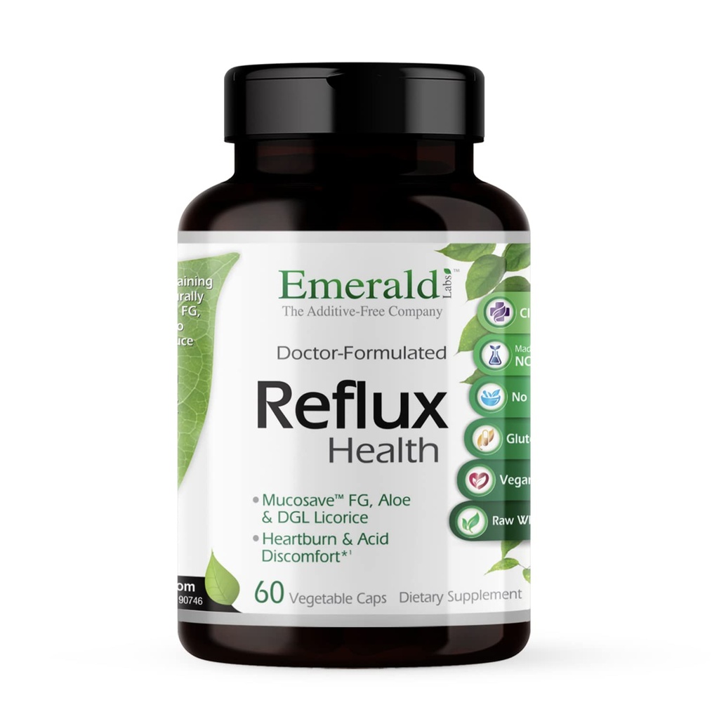 EMERALD LABS Reflux Sanatate - Indigestie si arsuri la stomac Relief cu Mucosave FG, DGL, Aloe Vera, Probiotice, Enzime digestive & More* - 60 Capsule vegetale (30 de zile de aprovizionare)