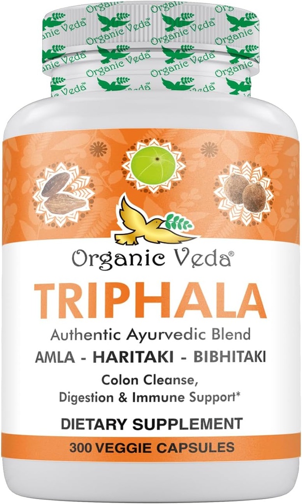 Organic Veda Triphala pulbere 300 capsule, 1000 mg - Organic Triphala Supliment pentru Colon Cleanse, Immune, Gut & Digestion Health - Întregul verde antioxidanti Amla, Haritaki & Bibhitaki - Vegan pastile