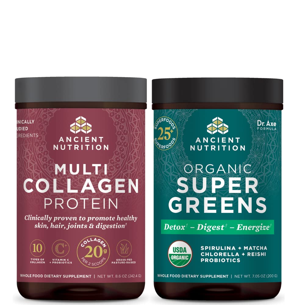Nutritie antica Multi Colagen Pulbere Proteina, Nearomate, 24 Serviri + Supergreens Pulbere, Aroma Verzilor, 25 Serviri