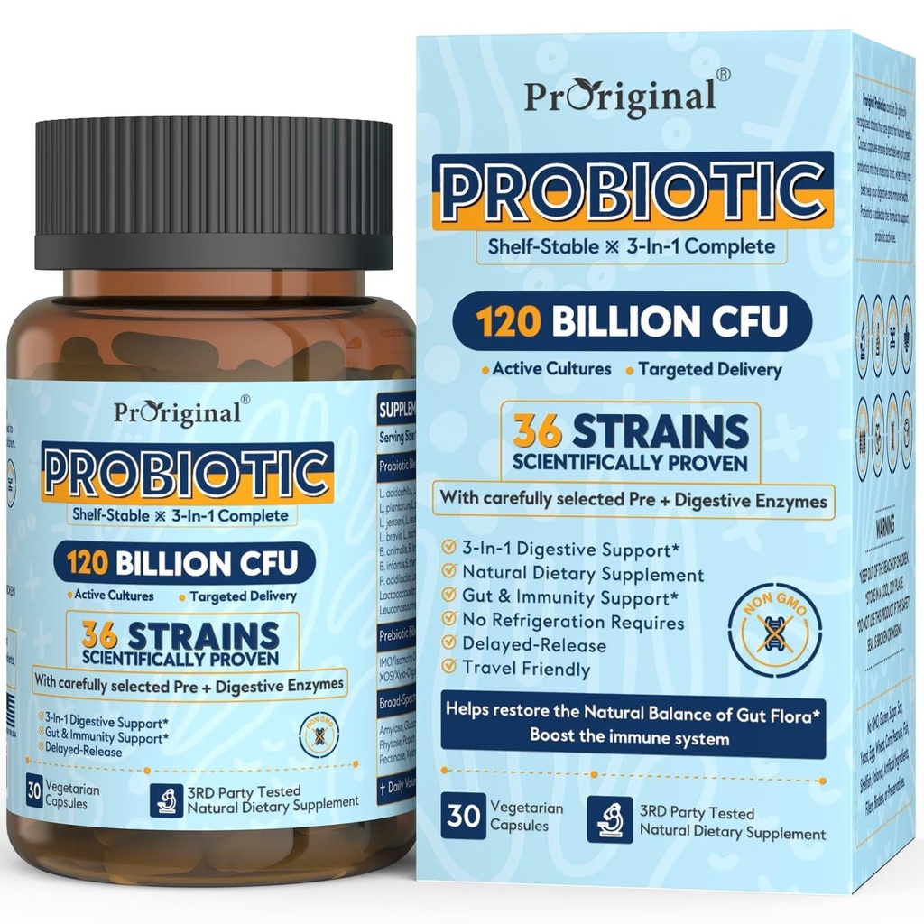 Probiotice pentru femei si barbati 120 miliarde CFU cu 36 de tulpini probiotice pentru sanatate digestiva si sanatate gutoasa, capsule cu eliberare intarziata, acid gastric rezistent, Nu este nevoie de frigider 30 capsule