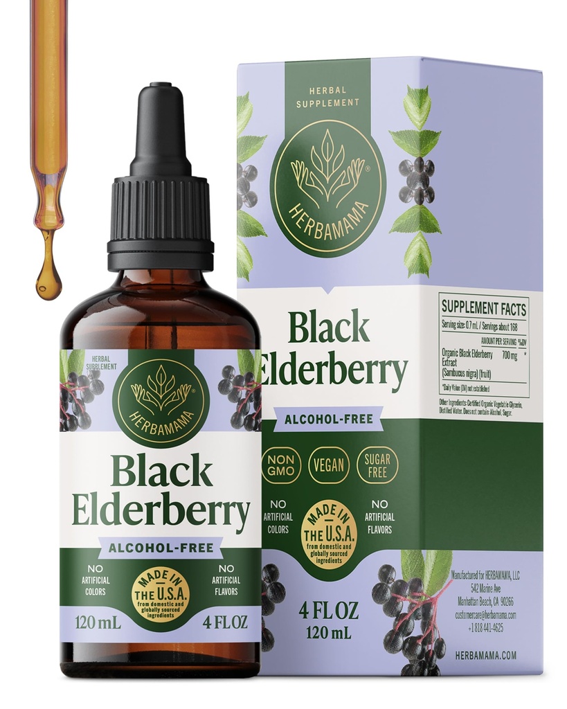 HERBAMAMA Black Elderberry Drops - Vegan Elderberry lichid extract pentru suport imunitar - non-GMO, alcool și zahăr-gratuit Imunitate Supliment, 42 de zile de aprovizionare