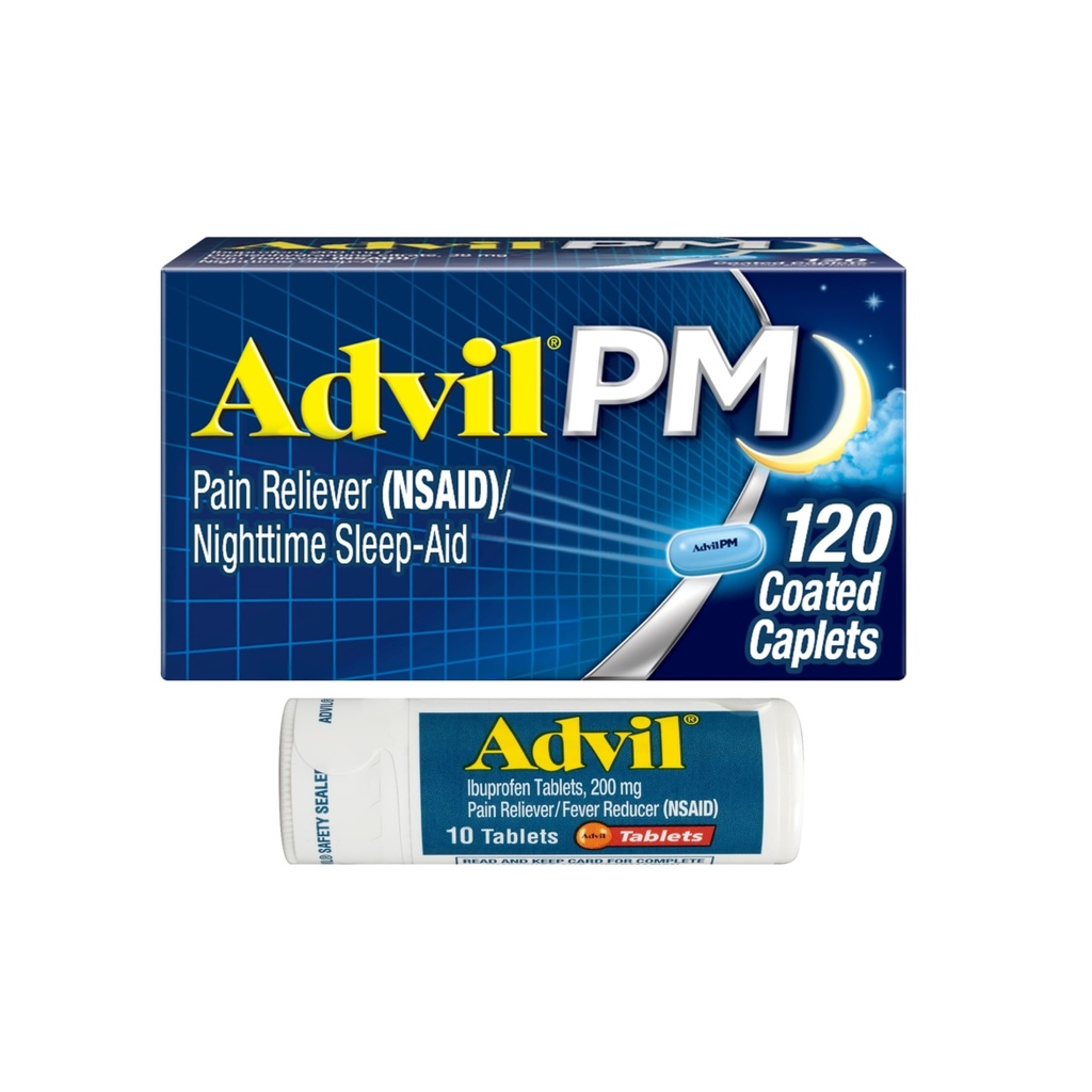 Advil PM Pain Relieiver și ajutorul pentru somn pe timp de noapte, Ibuprofen pentru ameliorarea durerii și Citrat de difenhidramină pentru un ajutor de somn - 120 Caplete acoperite și Reliever durere și Reductor de febră, 10 comprimate de numărare