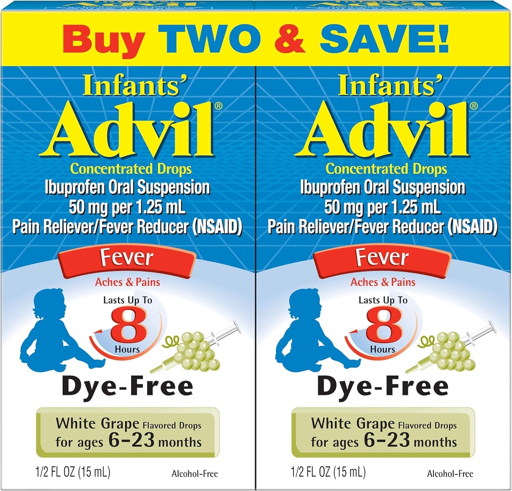 Advil Infants' Fever Reductor / Pain Relieiver Dye-Free, 50 mg Ibuprofen Picături concentrate (Alb aroma de struguri, 0,5 fl oz. Flacon, cutie cu 2)