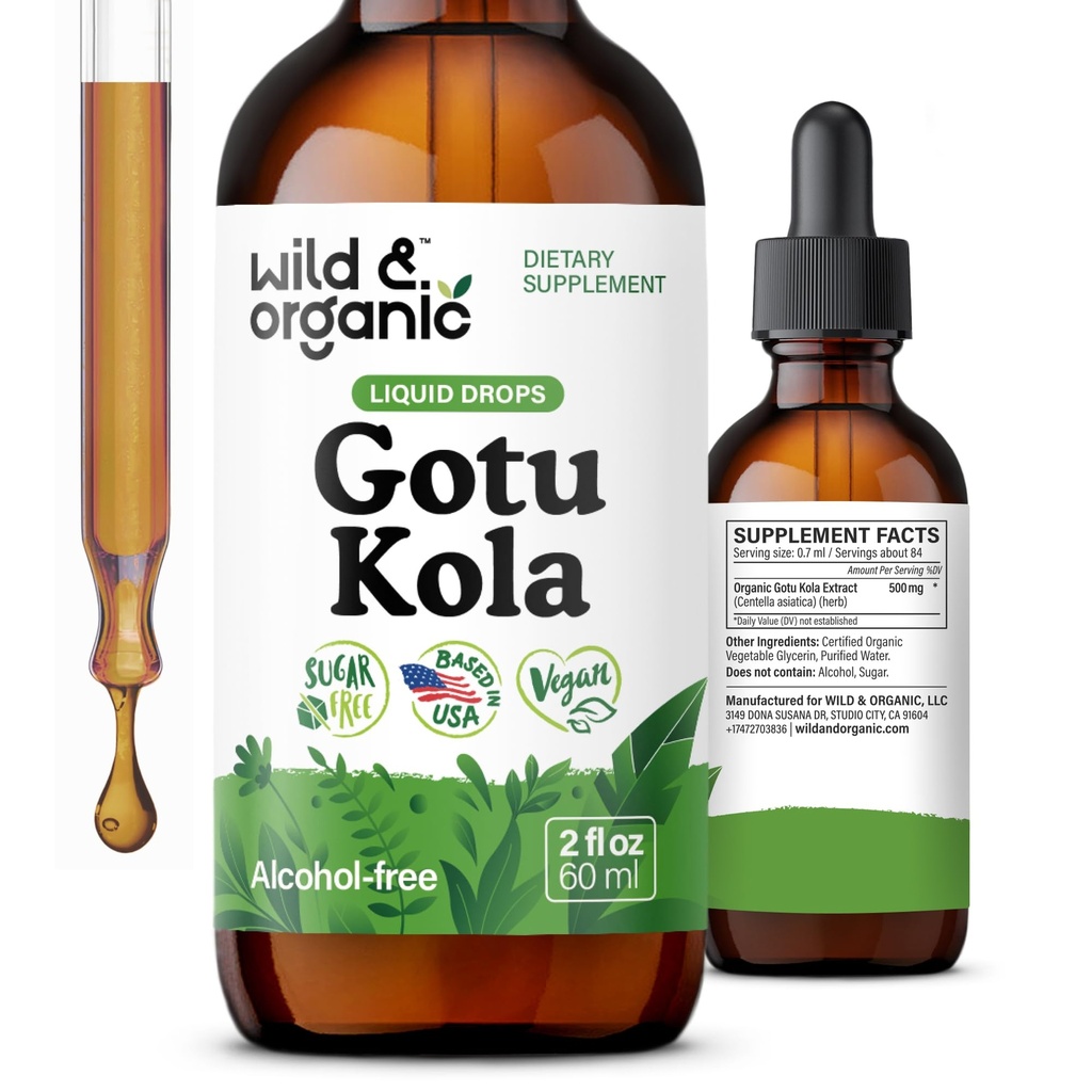 Wild & Organic Gotu Kola Herb Tincture - Brain Support - Gotu Kola lichid de extract picături - Vegan, Sugar & Alcool-Free Centella Asiatica Supliment - 2 fl oz