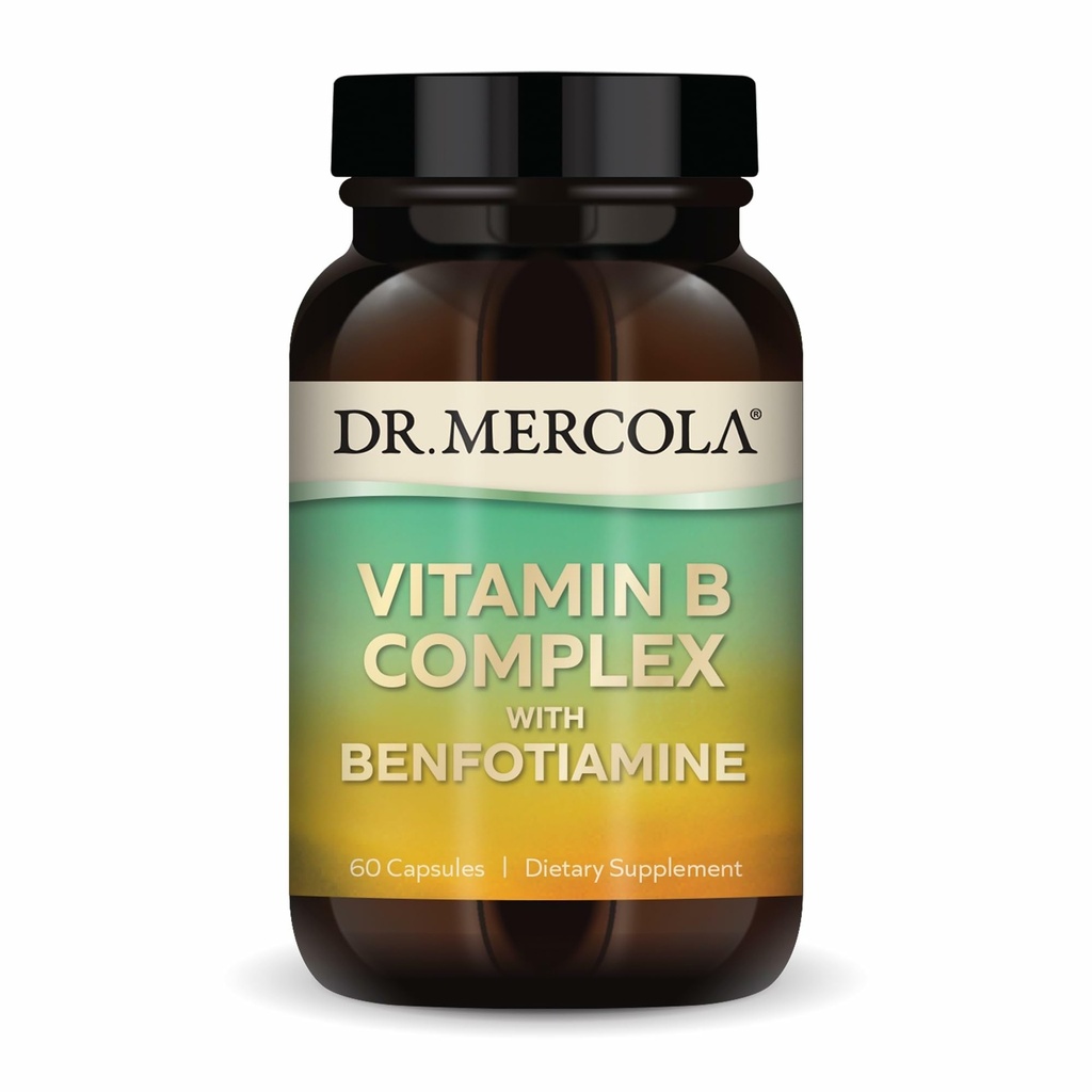 Mercola Vitamina B Complex cu benfotiamină - Suporturi Cellular, Brain & Immune Health - Non-GMO, Gluten-Free & Soy-Free - 60 Capsule (30 Servings)