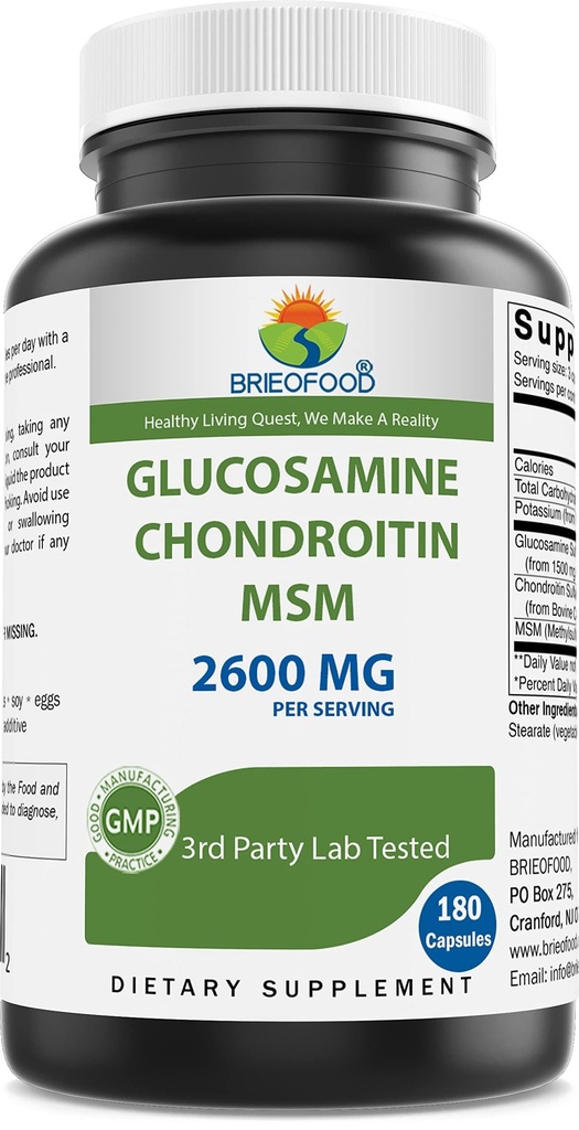 Brieofood Triple Putere Glucosamină Chondroitin MSM 2600 mg/Serving Capsule, Sprijină Joint sănătos, Cartilage și tesut Connectiv - Promovează comfort comun & flexibilitate 180 Conte