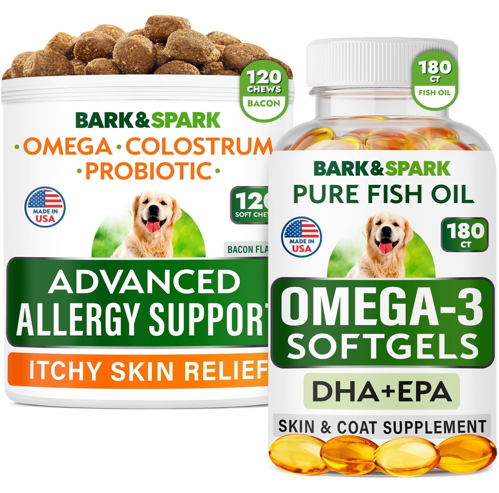 Alergie avansată pentru câini + Omega 3 Bundle - Ajutor pentru mâncărimi - Probiotice w/Fish Omega 3 + EPA&DHA Acid gras - Alergii pentru piele + sănătate comună - 120 Chews + 180 Softgels - Bacon + Fish Flavor - Made in USA