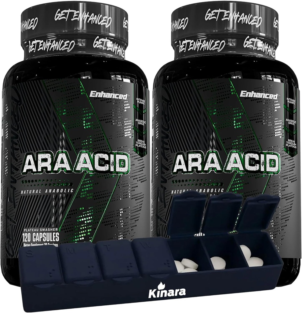 Atlet îmbunătățit - supliment acid arahidonic - supliment musculare și de rezistență pentru creșterea masei musculare și îmbunătățirea recuperării pentru bărbați și femei (120 capsule) - 2 ambalaj cu Kinara Pill Organizator