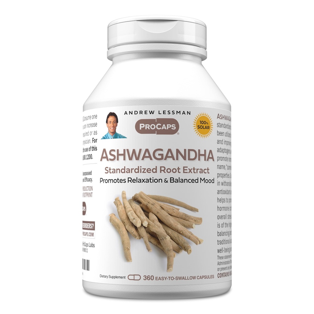 ANDREW LESSMAN Ashwagandha 360 capsule - Standardized Ashwagandha Extract. Promovează relaxarea, dispoziţia pozitivă, bunăstarea generală şi vitalitatea. Capsule mici uşor de înghiţit