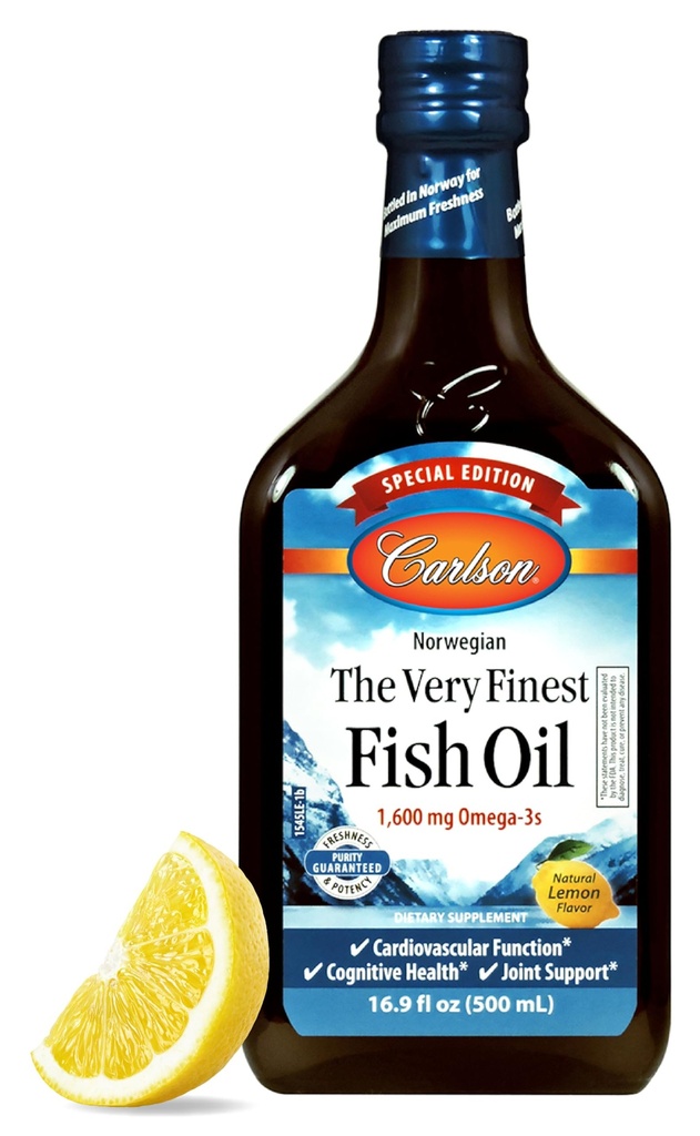 Carlson - Cel mai fin ulei de pește, Ediție specială, 1600 mg Omega-3s, Supliment lichid, ulei de pește norvegian, Wild-Caught, Sustenabil Liquid, Lemon, 500 ml (16,9 Fl Oz)