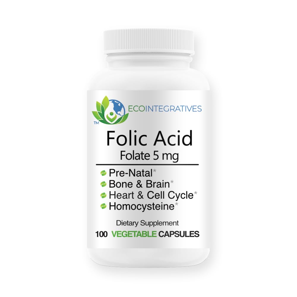 Folat de acid folic 5mg (B9) Prenatal, Sănătate Reproductivă, Homocisteină, Metabolism, Cardiovasculară, Os, Suport Imun, Allergen Free, NeGMO - 100 Capsule Vegane